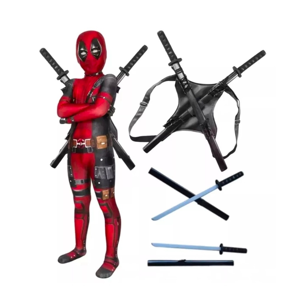 Deadpool Costume Kids Size 150 Full Body Jumpsuit Mask Harness Toy Katanas Red